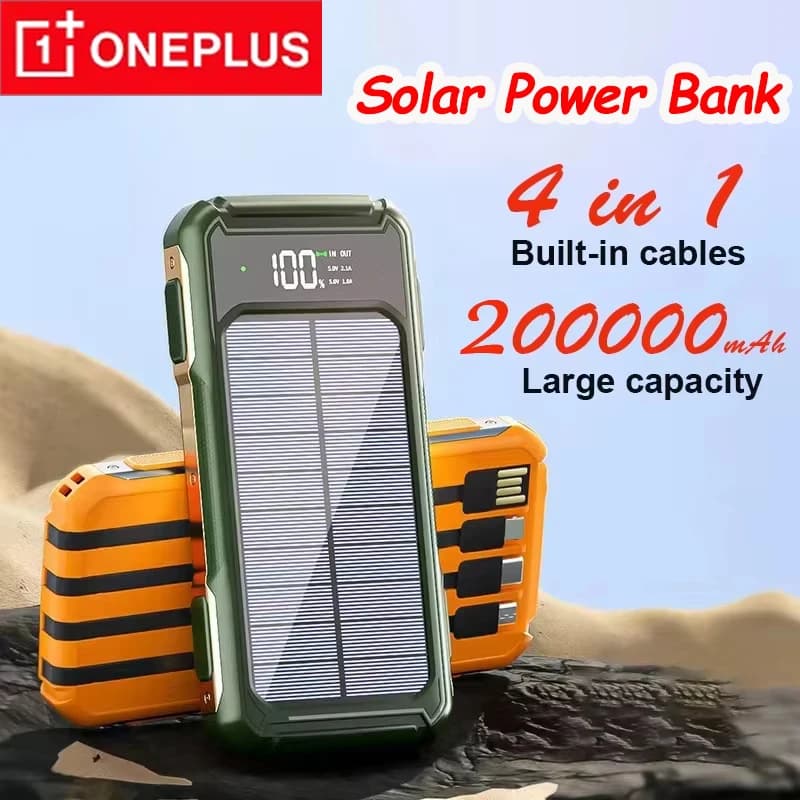 OnePlus 4-in-1 Solar Power Bank Built-in-cable 200000mAh High Capacity Charger Fast Charging Intelligent Digital Display Battery
